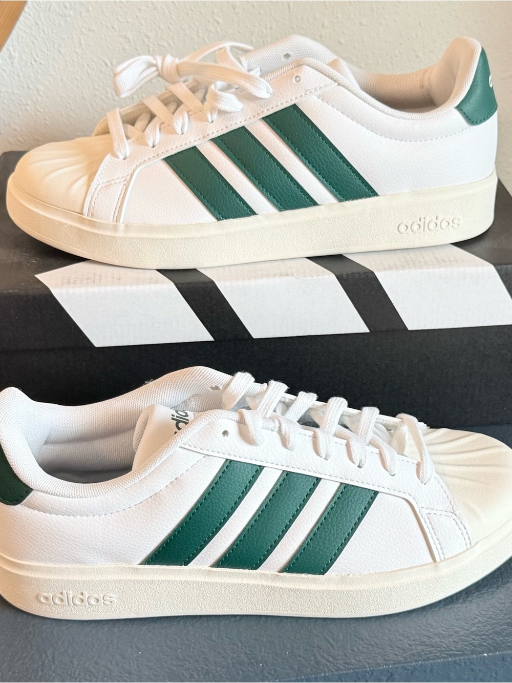 adidas White Sneakers with Green Stripes and Shell Toe